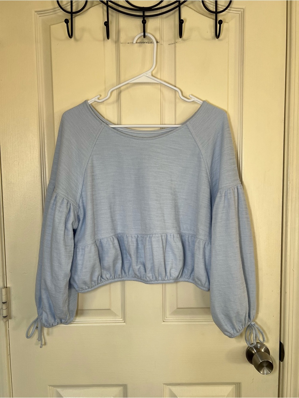 Aerie Blue Waffle Knit Peplum Balloon Sleeve Crop Top M